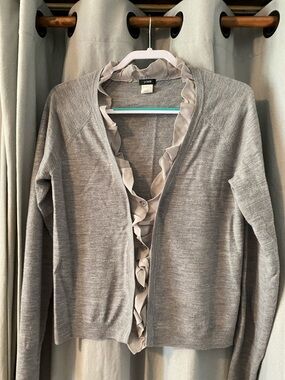 J. Crew Light Gray Ruffle-Trim Merino Cardigan, Women’s Size Large